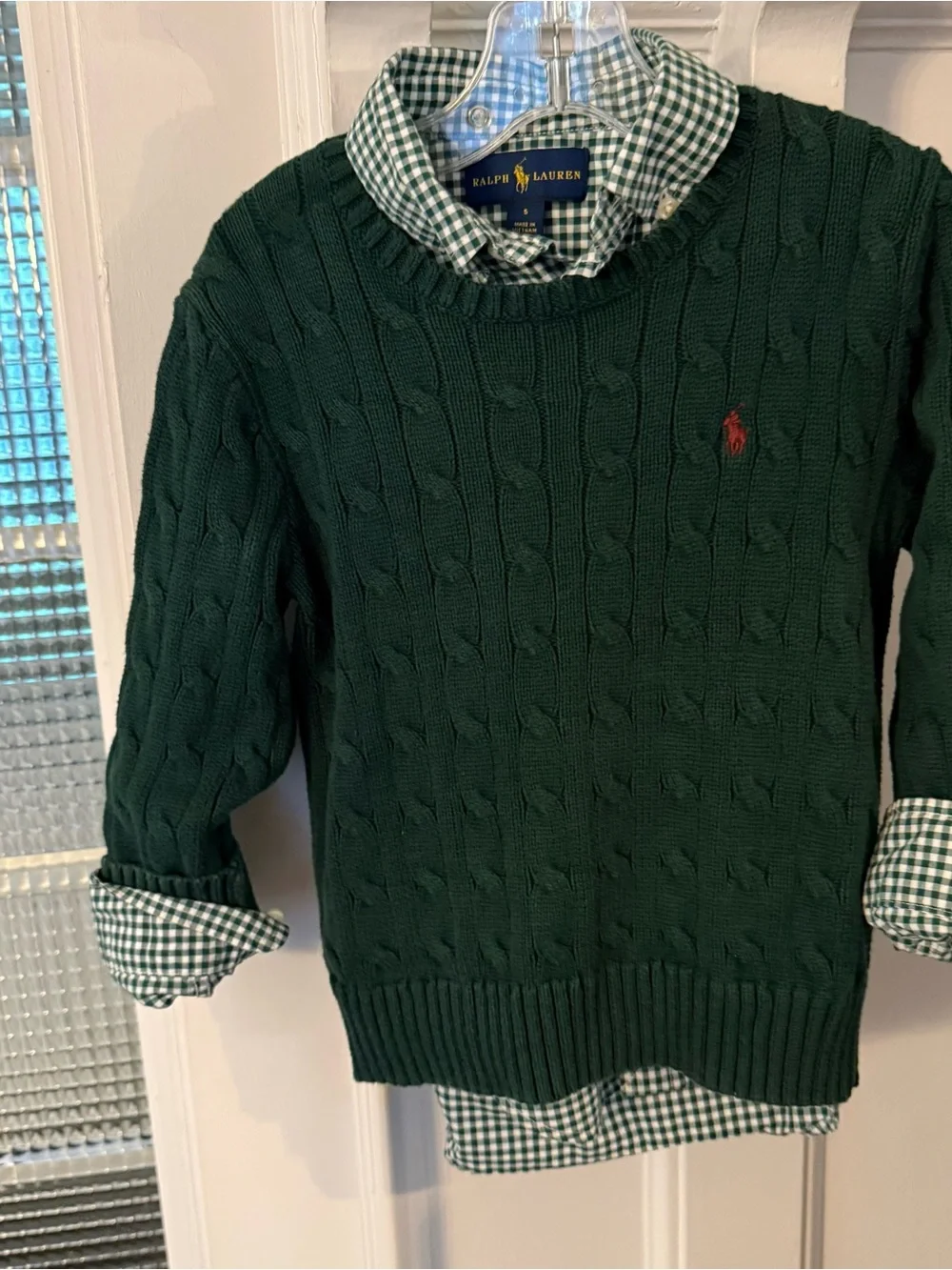 Polo Ralph Lauren Boys 2 PCS Set Green Cable Knit & Checkered Shirt Sz 5